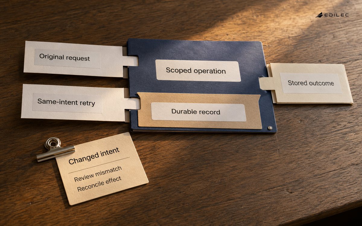 Two request slips meet one durable operation record, with a changed-intent card kept separate.
