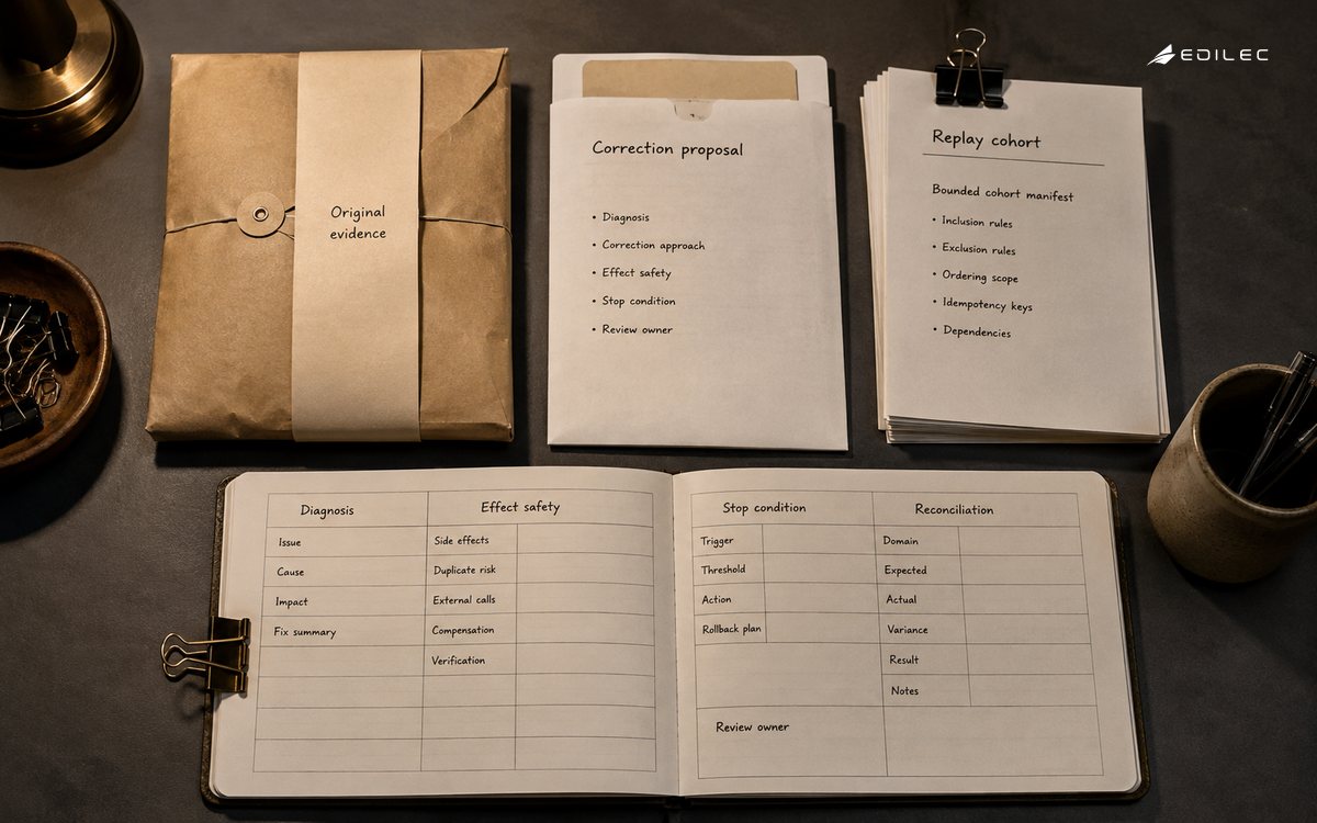 A recovery packet separates original evidence from a proposed correction and replay review.