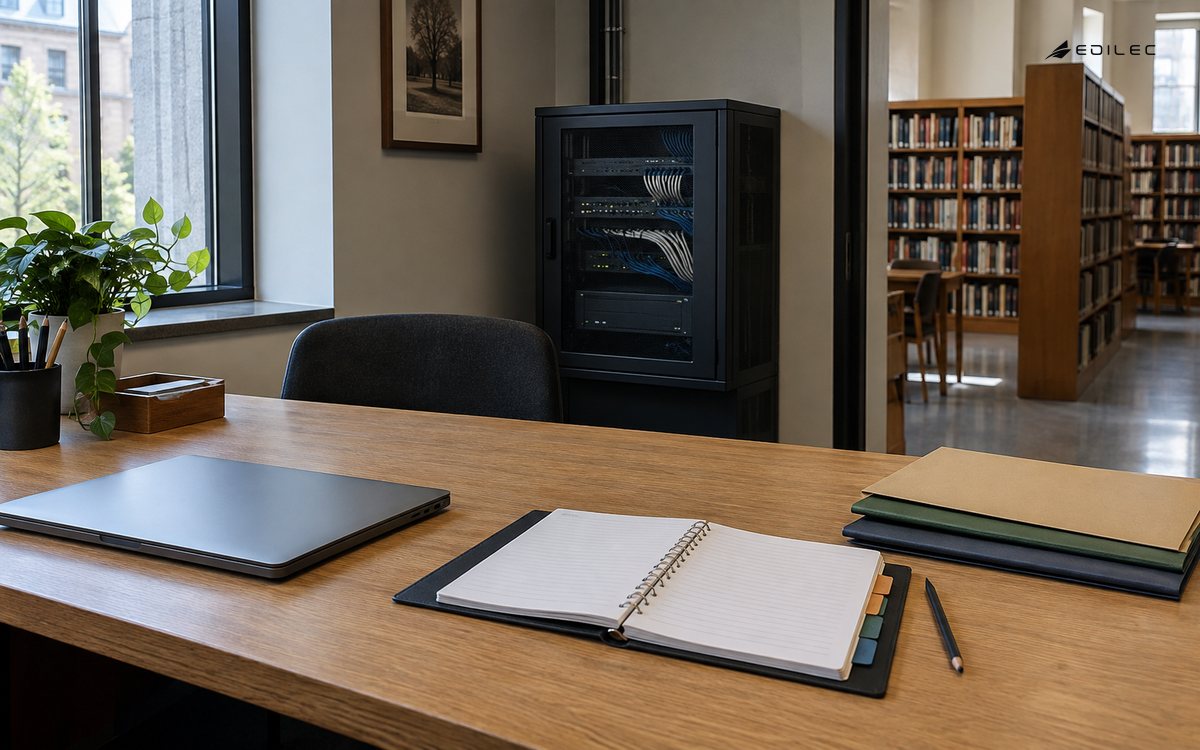 Library technical workroom with a closed laptop, review notebook and compact equipment cabinet.