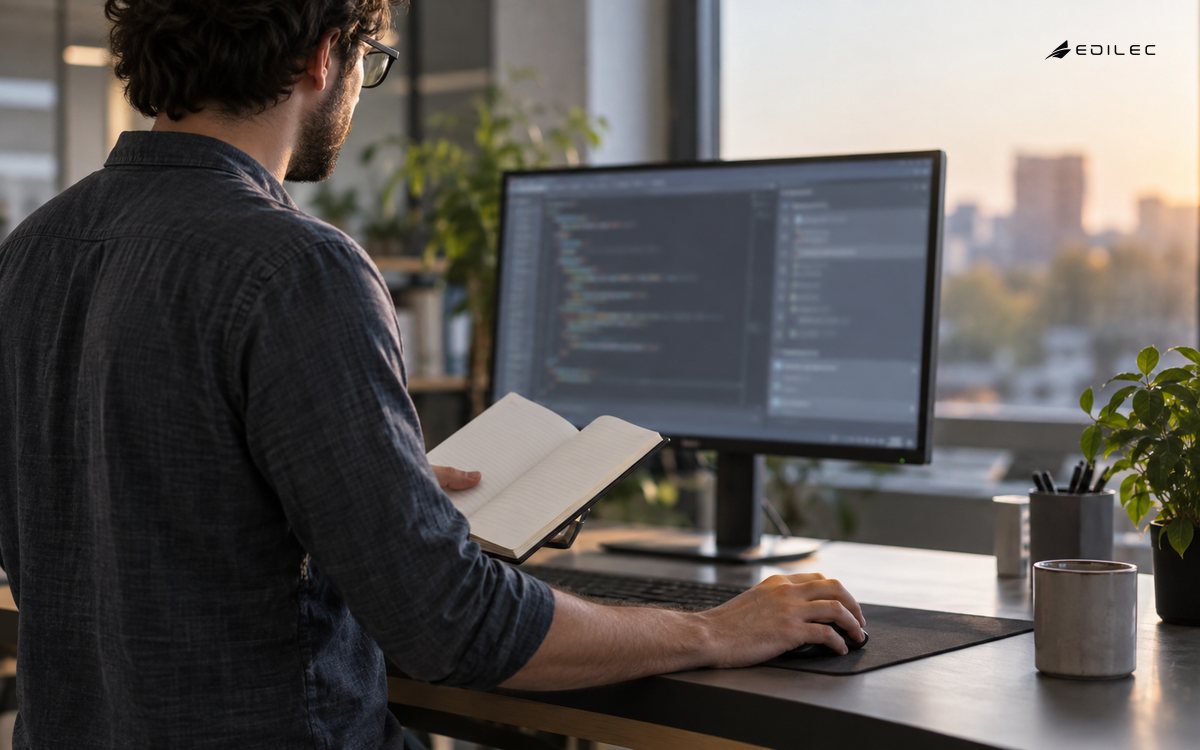 A developer reviews software test work at a standing desk.