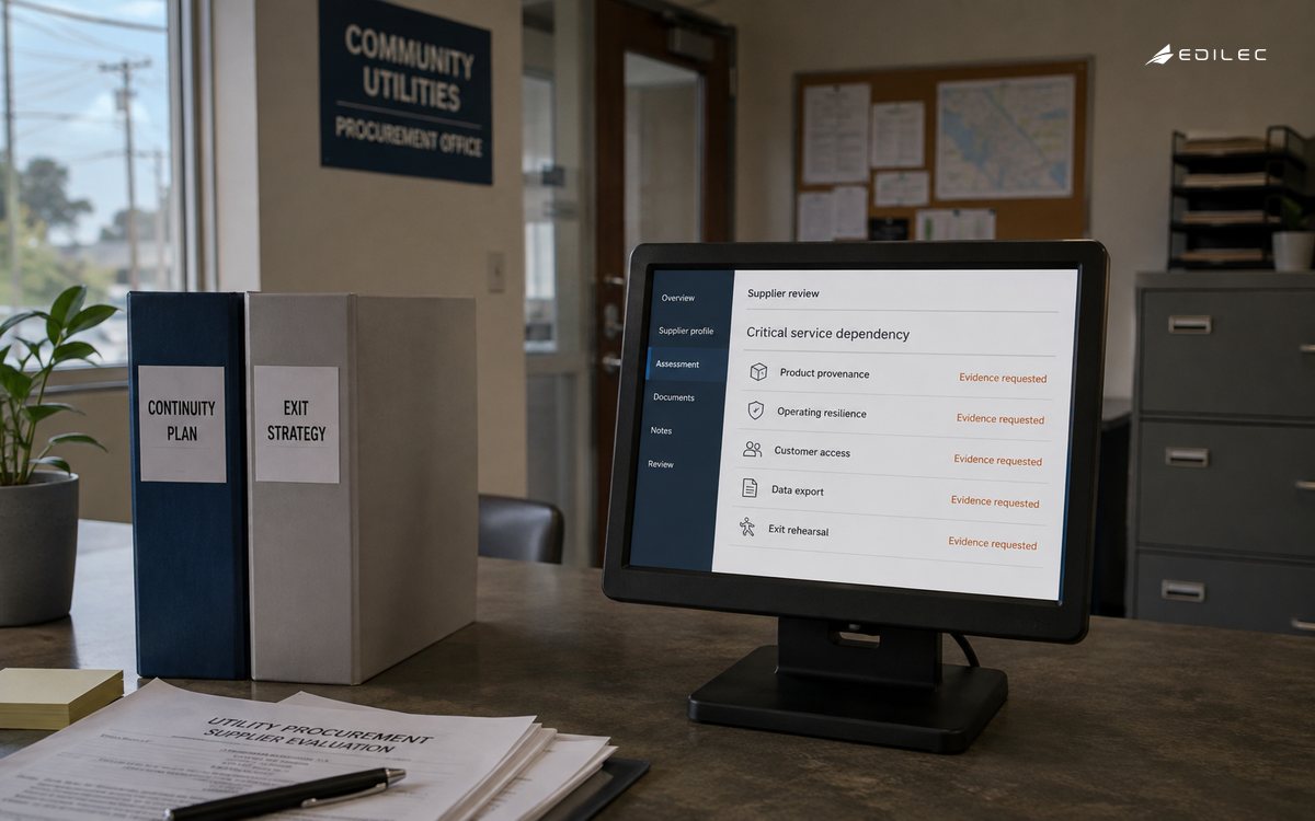 A community utility procurement office with continuity and exit binders beside a small terminal.