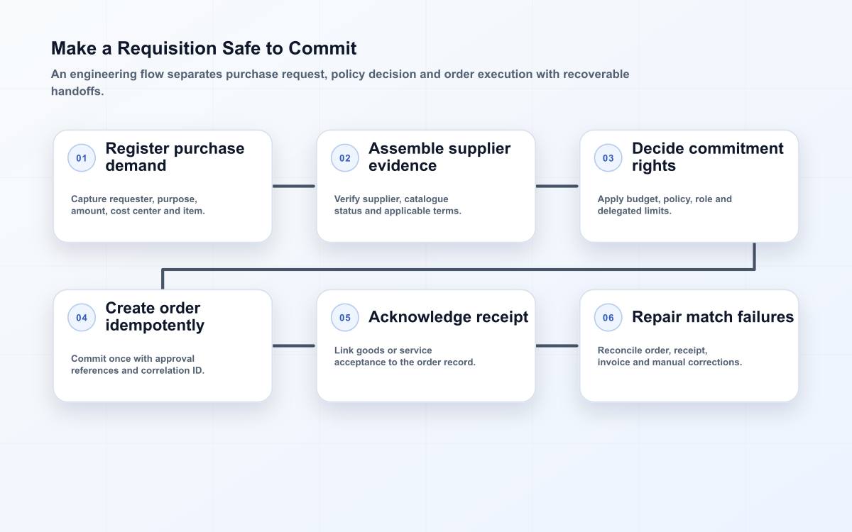 Six-stage procurement engineering flow from requisition and supplier evidence through authority, order commitment, receipt acknowledgement and reconciliation.