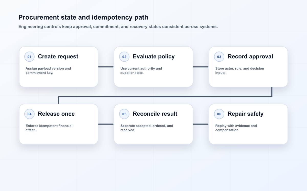 An engineering procurement path showing request identity, policy evaluation, approval state, idempotent commitment, downstream acknowledgement, and repair.