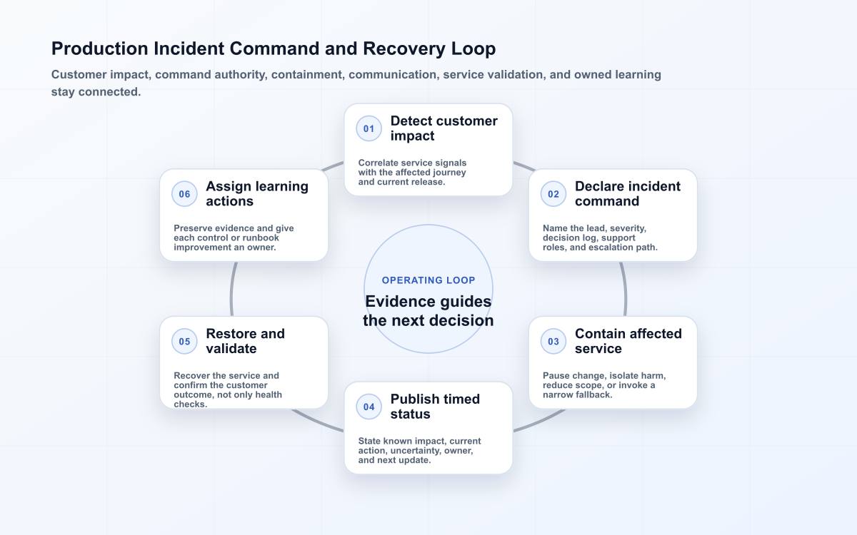 Production incident loop from customer-impact detection and declared command through containment, status communication, validated recovery, and learning.