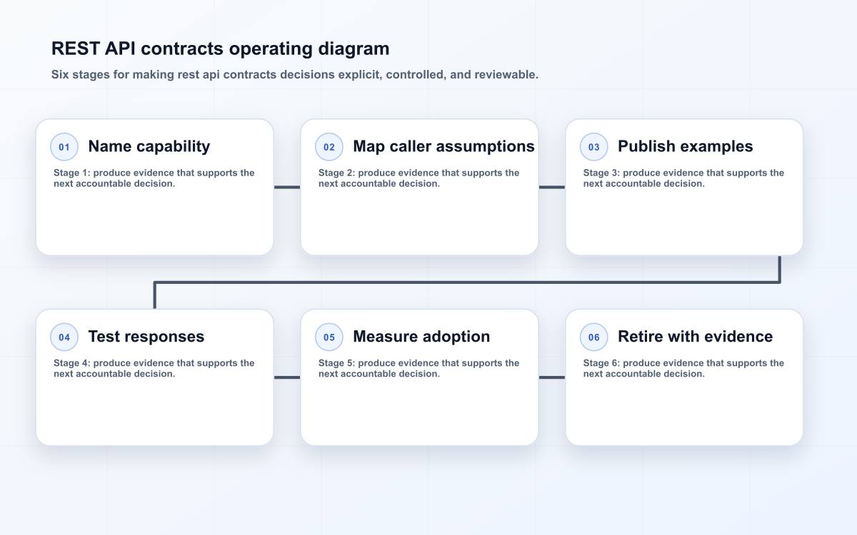 Six-stage REST API contracts diagram showing name capability, map caller assumptions, publish examples, test responses, measure adoption, retire with evidence.
