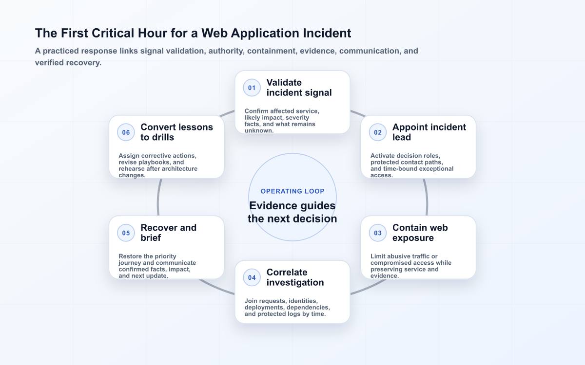 Six-stage web incident loop covering signal validation, incident leadership, containment, investigation, recovery communication, and drills.